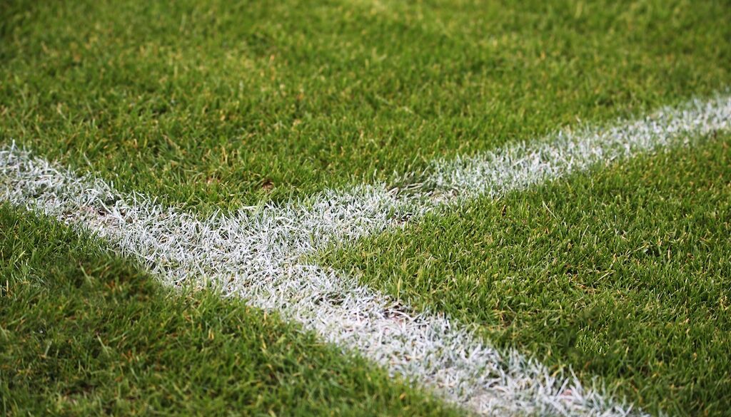 Closeup shot of painted white lines on a green soccer field in Germany